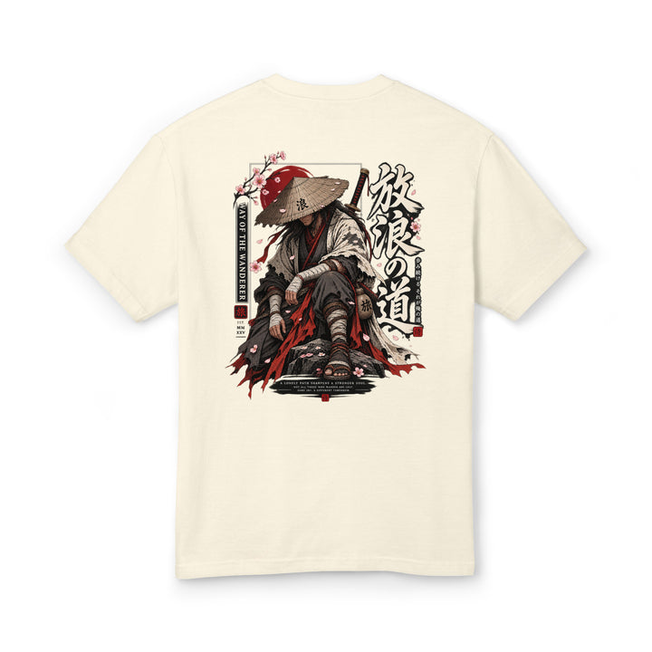 Way of the Wanderer ronin graphic tee with Japanese-inspired swordsman, cherry blossoms and red sun