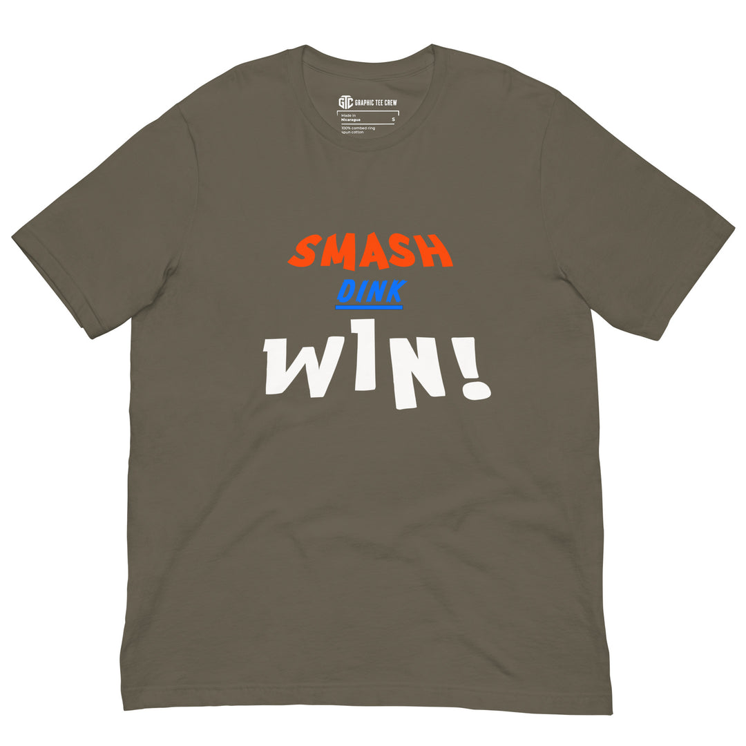 Smash Dink Win pickleball graphic T-shirt featuring bold stacked orange, blue and white sports lettering