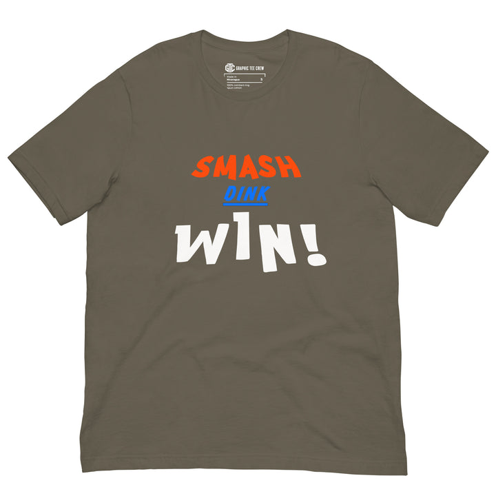 Smash Dink Win pickleball graphic T-shirt featuring bold stacked orange, blue and white sports lettering