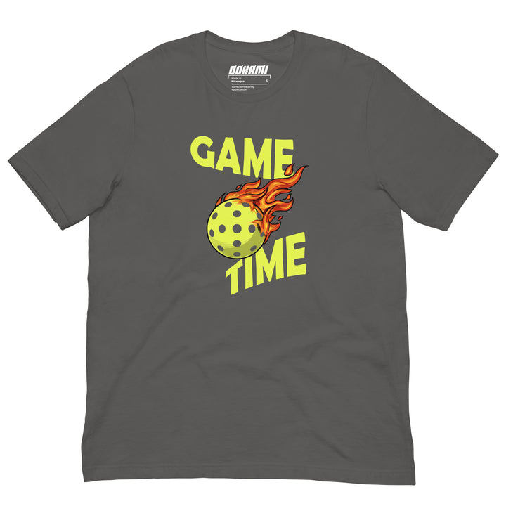 Game Time pickleball graphic T-shirt featuring a flaming pickleball design