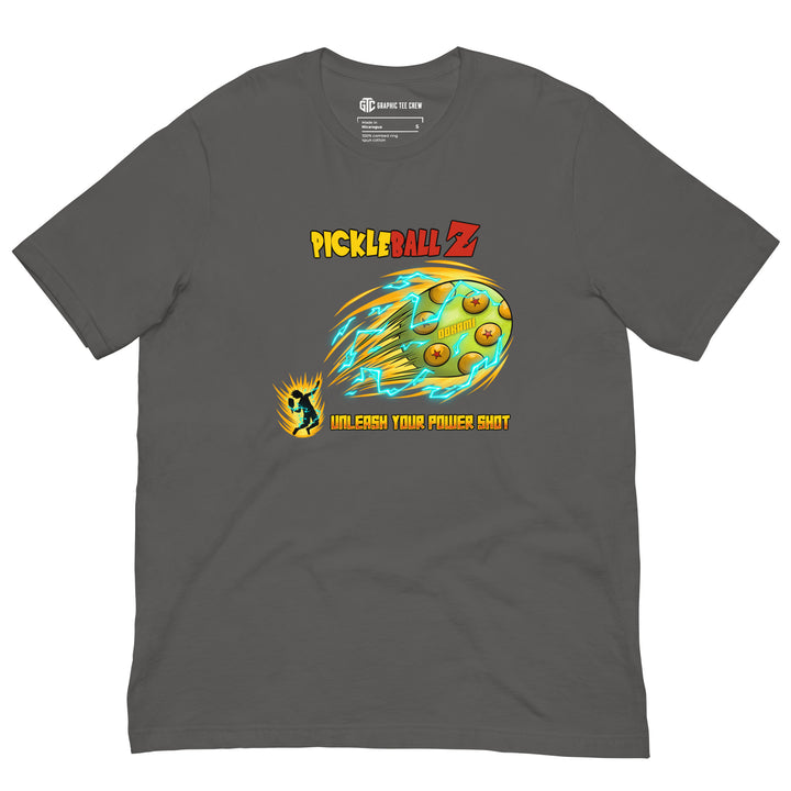 Pickleball Z anime-inspired graphic T-shirt featuring a flaming power-shot pickleball design Dragonball Z