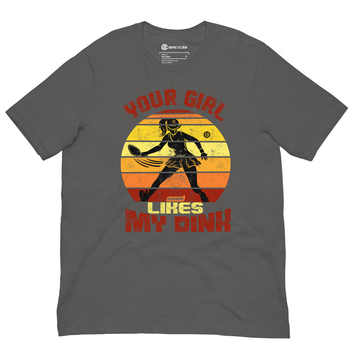 Your Girl Likes My Dink funny pickleball graphic T-shirt with retro player design