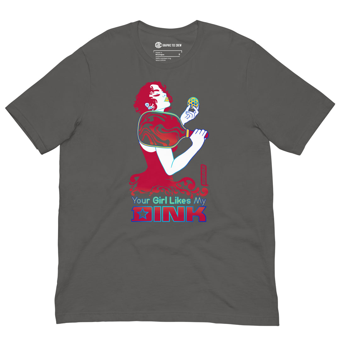 Your Girl Likes My Dink funny pickleball T-shirt with a stylish woman in a fancy dress