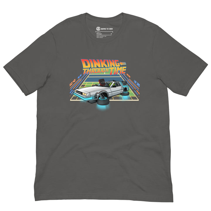 Dinking Through Time 80s-inspired pickleball T-shirt featuring a retro hover car racing across a neon pickleball court back to the future 