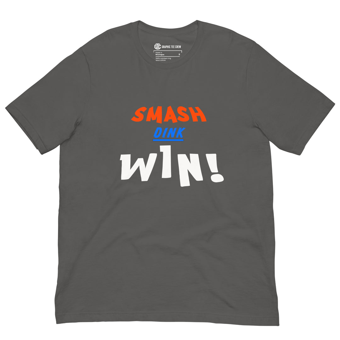 Smash Dink Win pickleball graphic T-shirt featuring bold stacked orange, blue and white sports lettering