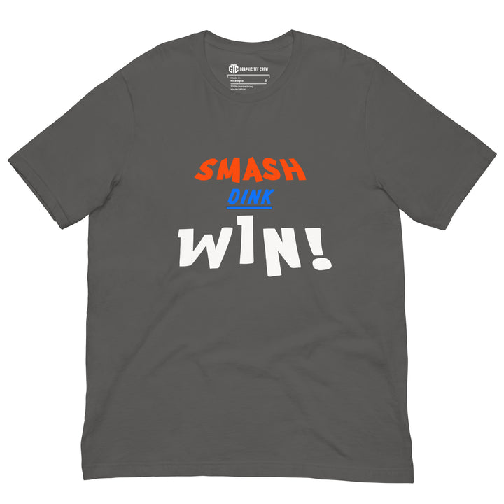 Smash Dink Win pickleball graphic T-shirt featuring bold stacked orange, blue and white sports lettering