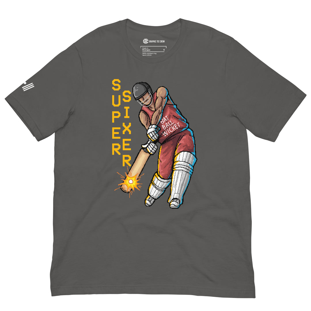 Super Sixer retro cricket T-shirt featuring a pixel-art batsman striking a glowing ball with stacked yellow lettering