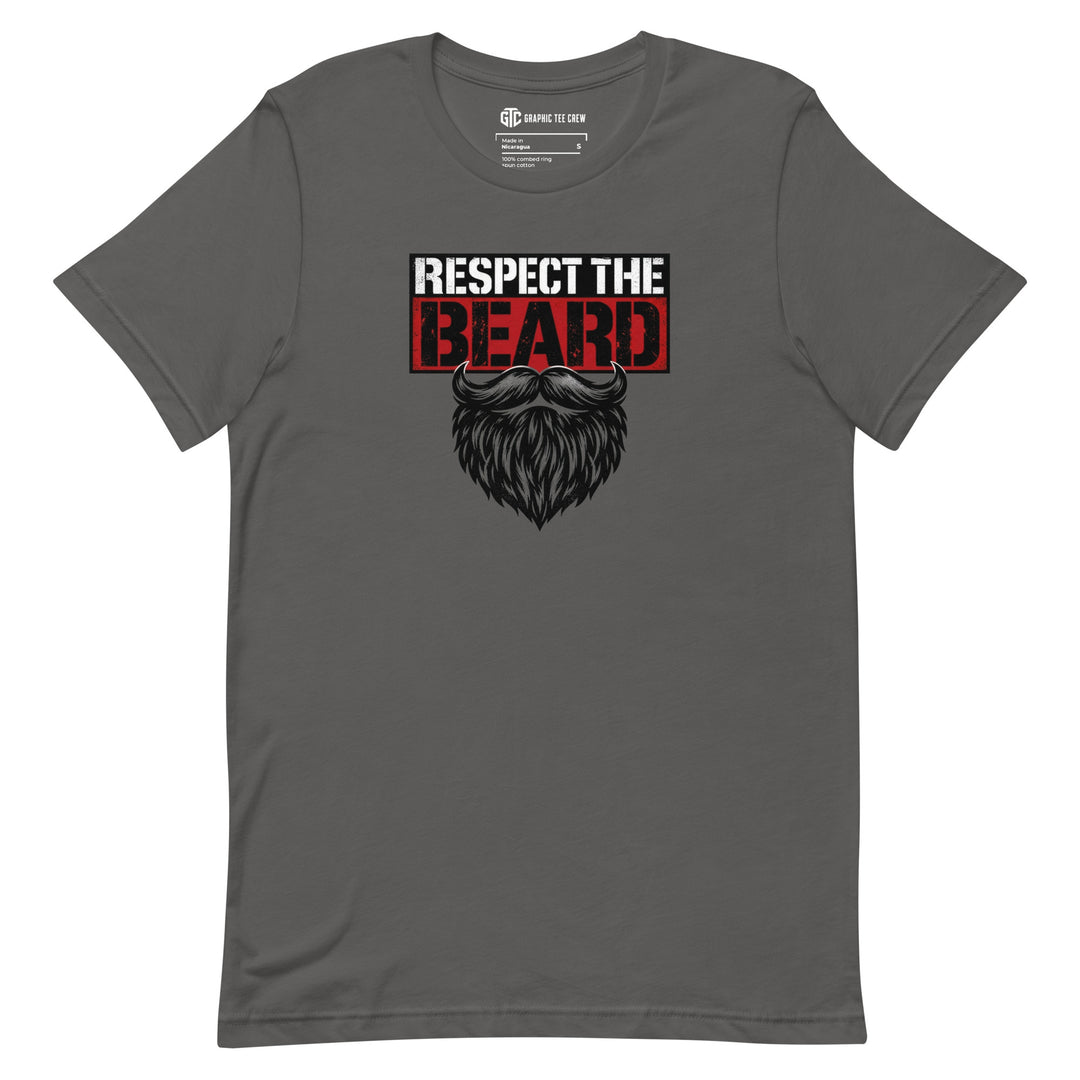 Asphalt gray Respect the Beard T-shirt with distressed lettering, a red accent and a beard with a curled mustache.