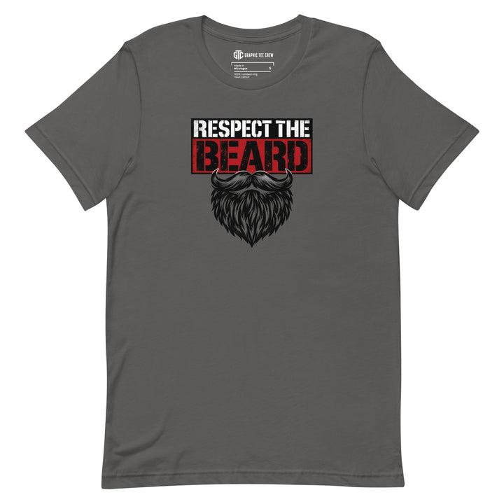 Asphalt gray Respect the Beard T-shirt with distressed lettering, a red accent and a beard with a curled mustache.