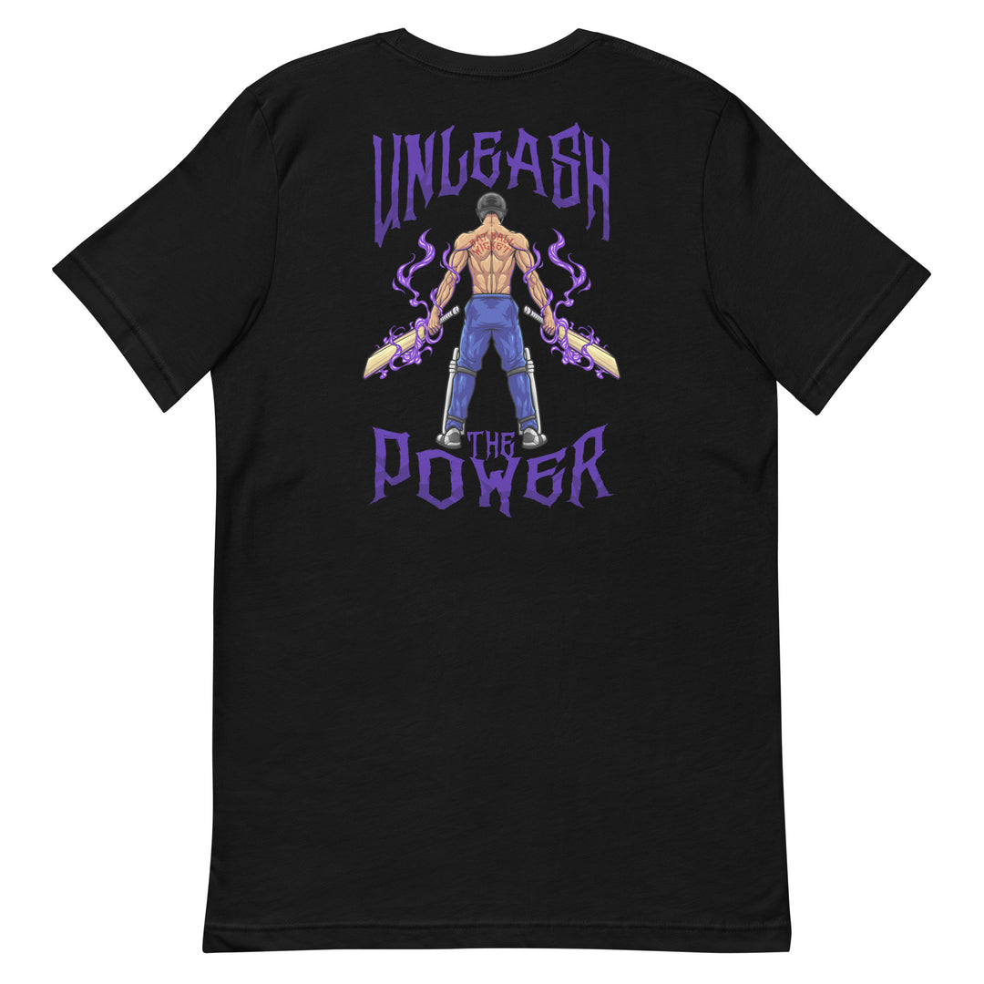 Unleash the Power anime-inspired cricket T-shirt featuring a muscular helmeted batter holding two cricket bats surrounded by purple flames