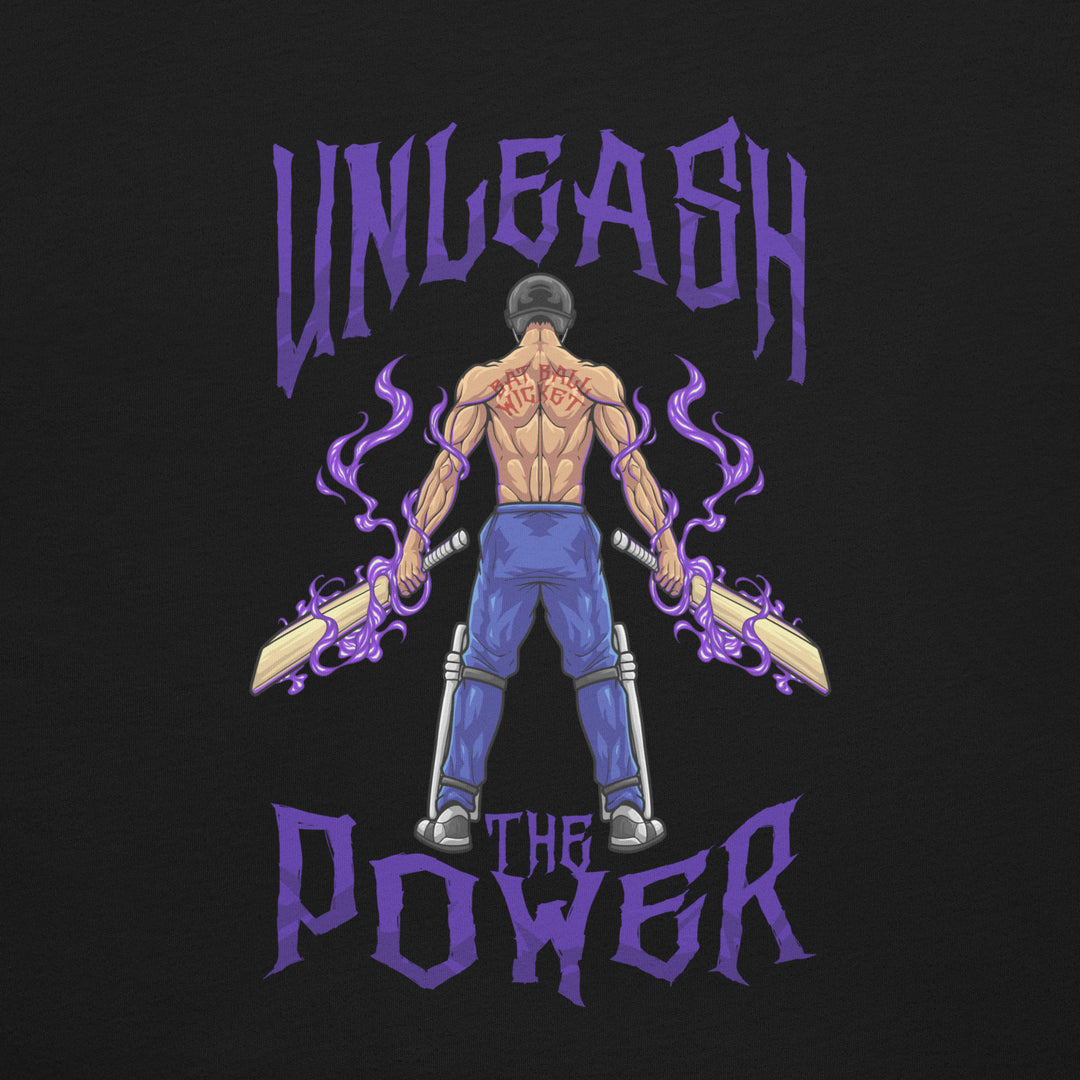Unleash the Power anime-inspired cricket T-shirt featuring a muscular helmeted batter holding two cricket bats surrounded by purple flames