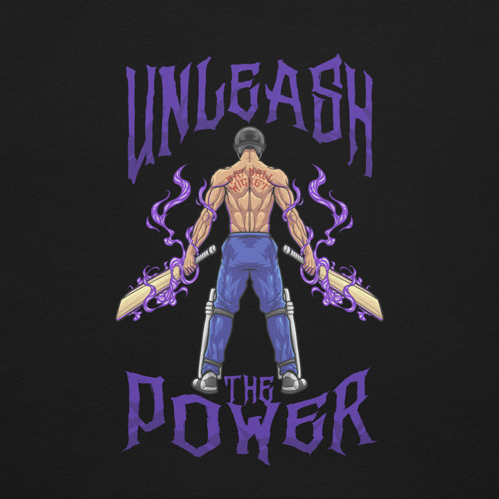 Unleash the Power anime-inspired cricket T-shirt featuring a muscular helmeted batter holding two cricket bats surrounded by purple flames