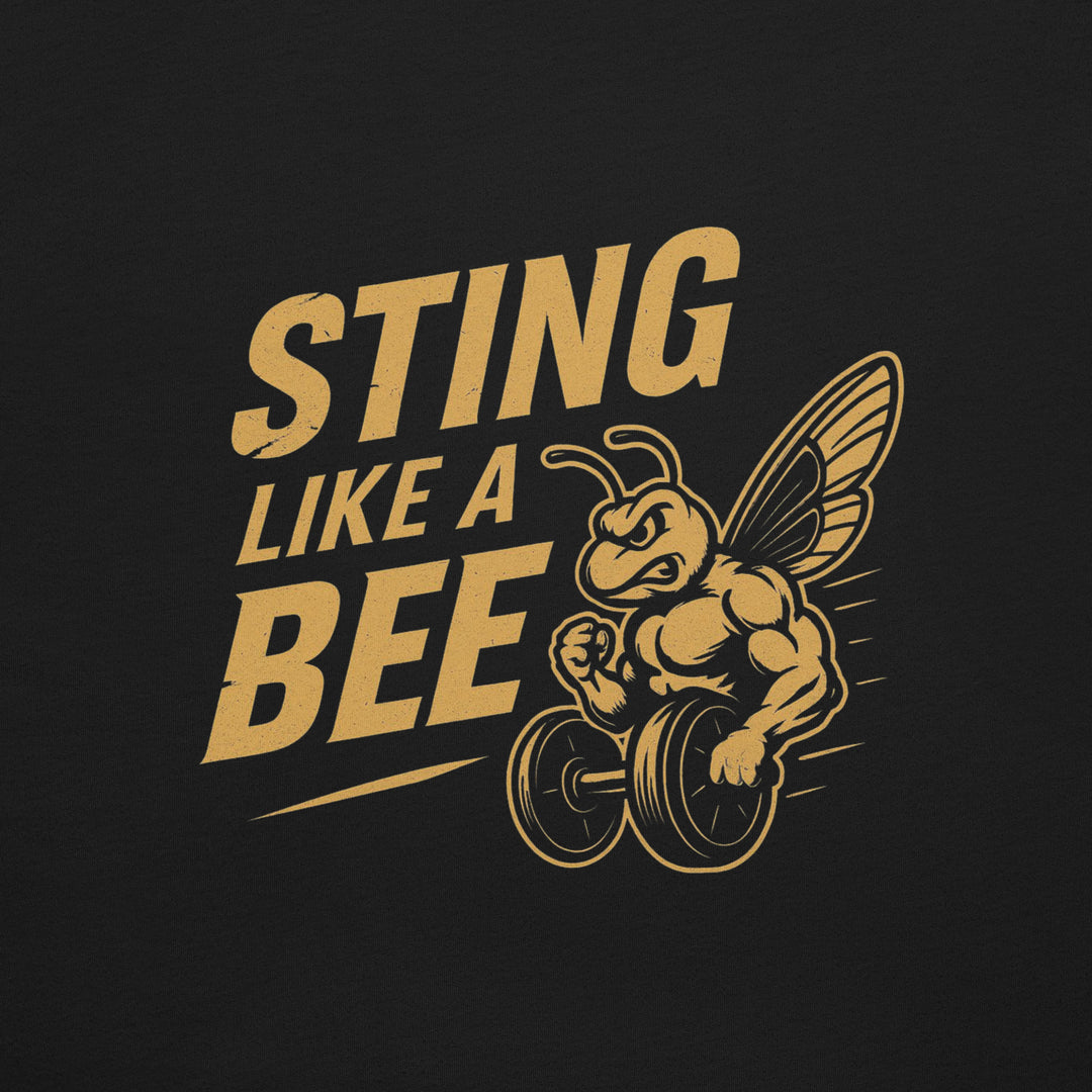 Beezerk Sting Like a Bee gym T-shirt with a small front chest logo and muscular weightlifting bee graphic printed on the back