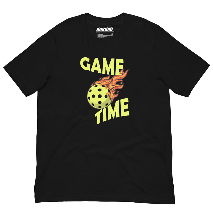 Black Game Time pickleball graphic T-shirt with flaming pickleball design