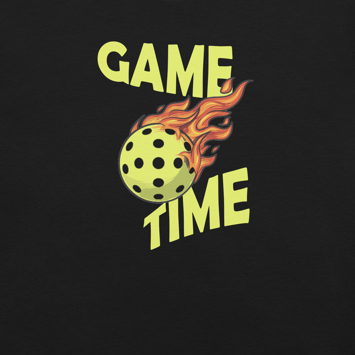 Black Game Time pickleball graphic T-shirt with flaming pickleball design