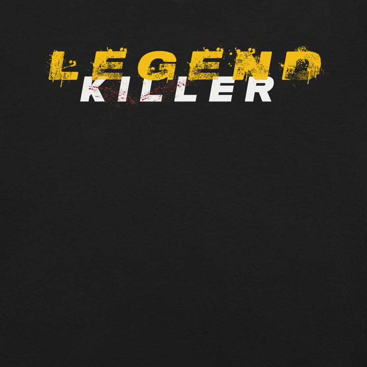 Legend Killer black graphic T-shirt with distressed front and back typography designs