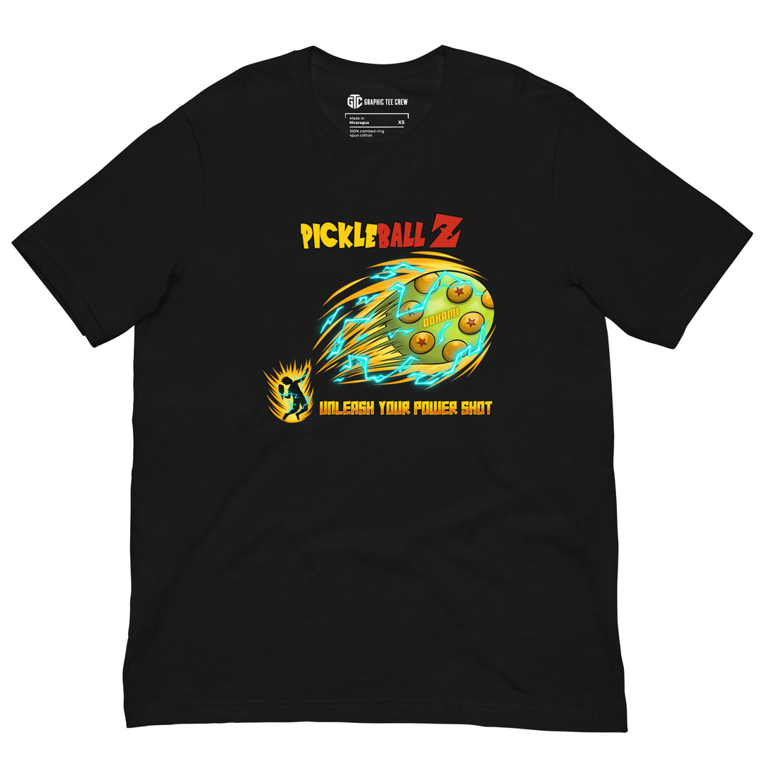 Pickleball Z anime-inspired graphic T-shirt featuring a flaming power-shot pickleball design