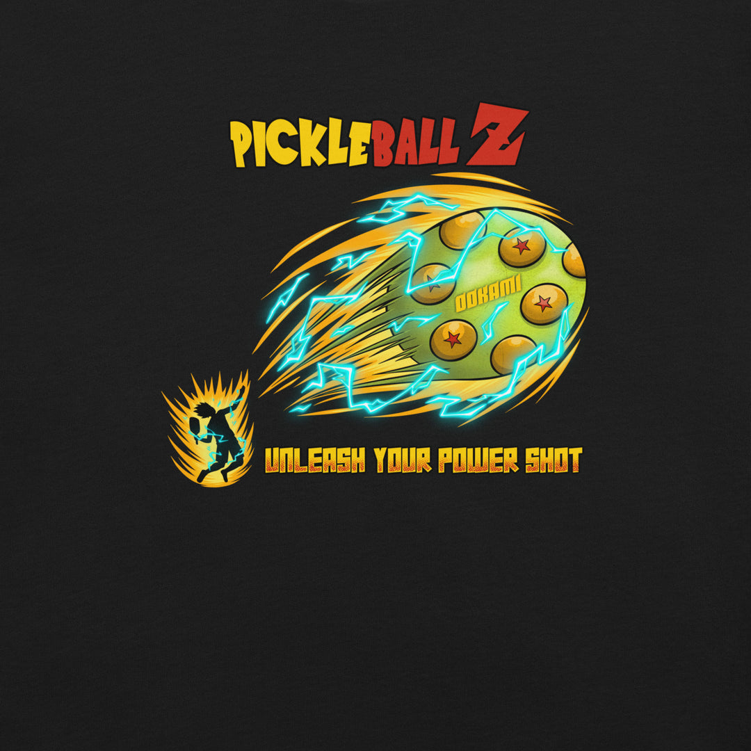 Pickleball Z anime-inspired graphic T-shirt featuring a flaming power-shot pickleball design
