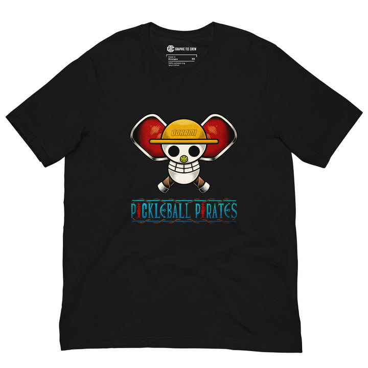 Pickleball Pirates anime-inspired graphic T-shirt with pirate skull and crossed pickleball paddles