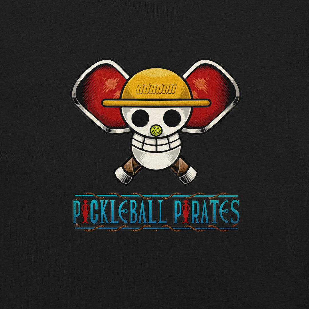 Pickleball Pirates anime-inspired graphic T-shirt with pirate skull and crossed pickleball paddles