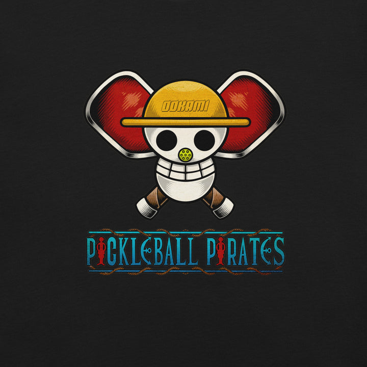 Pickleball Pirates anime-inspired graphic T-shirt with pirate skull and crossed pickleball paddles