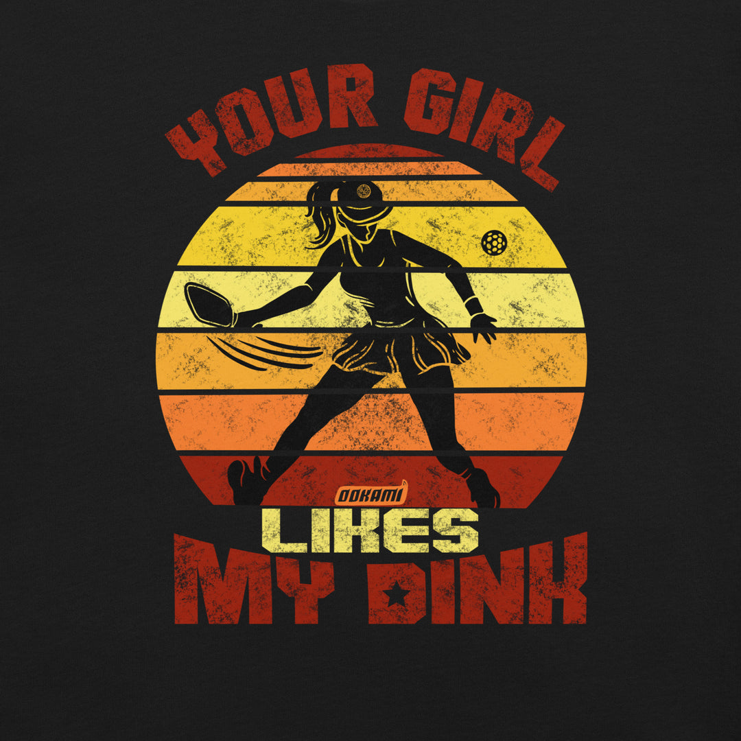 Your Girl Likes My Dink funny pickleball graphic T-shirt with retro player design