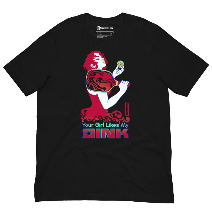 Your Girl Likes My Dink funny pickleball T-shirt with a stylish woman in a fancy dress