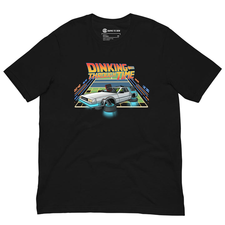 Dinking Through Time 80s-inspired pickleball T-shirt featuring a retro hover car racing across a neon pickleball court back to the future 