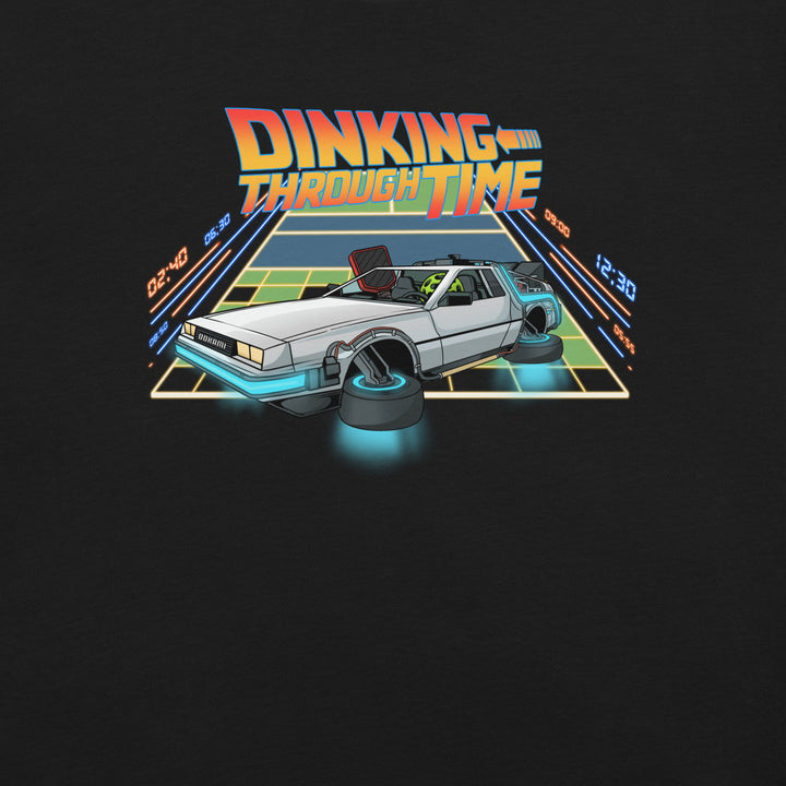 Dinking Through Time 80s-inspired pickleball T-shirt featuring a retro hover car racing across a neon pickleball court back to the future 