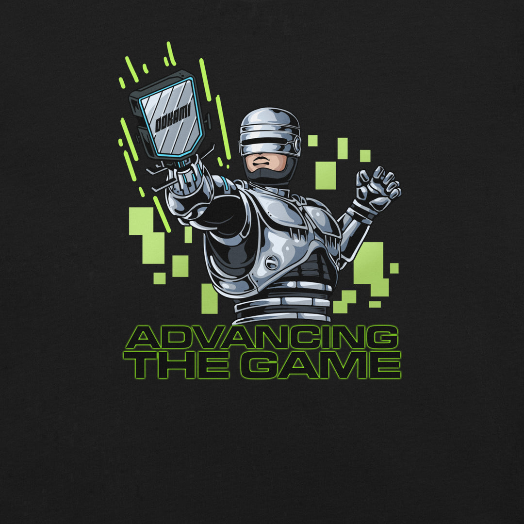 Advancing the Game 80s-inspired  RoboCop pickleball T-shirt featuring an armored retro robot holding a paddle with neon-green digital graphics