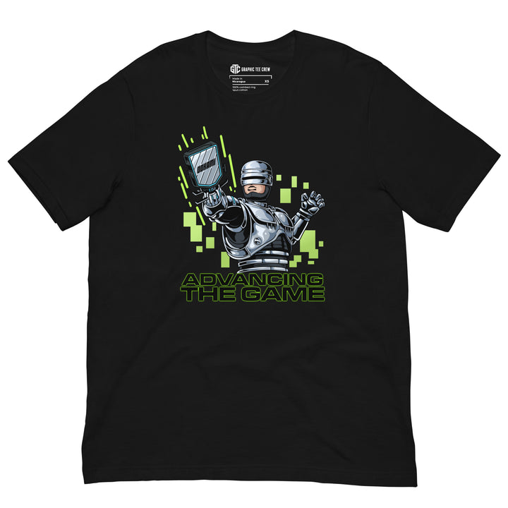 Advancing the Game 80s-inspired  RoboCop pickleball T-shirt featuring an armored retro robot holding a paddle with neon-green digital graphics