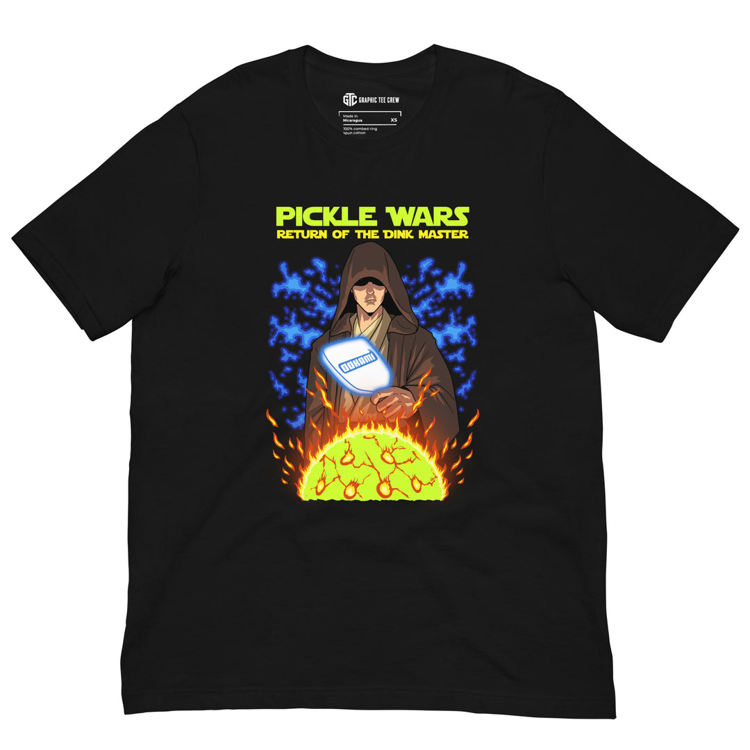 Return of the Dink Master pickleball T-shirt featuring a hooded Jedi galactic paddle master with a glowing paddle, blue energy and orange flames