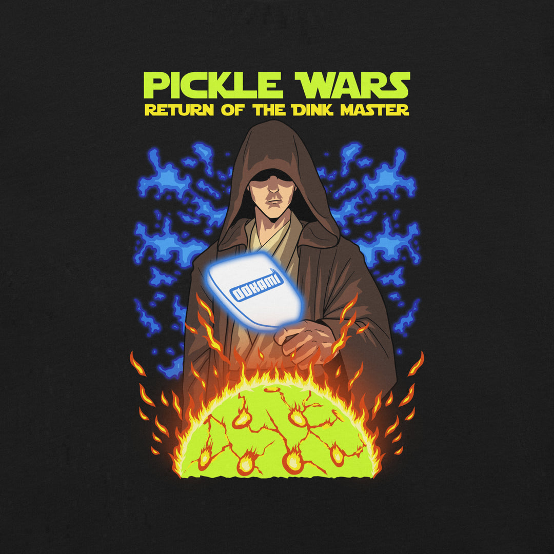 Return of the Dink Master pickleball T-shirt featuring a hooded Jedi galactic paddle master with a glowing paddle, blue energy and orange flames