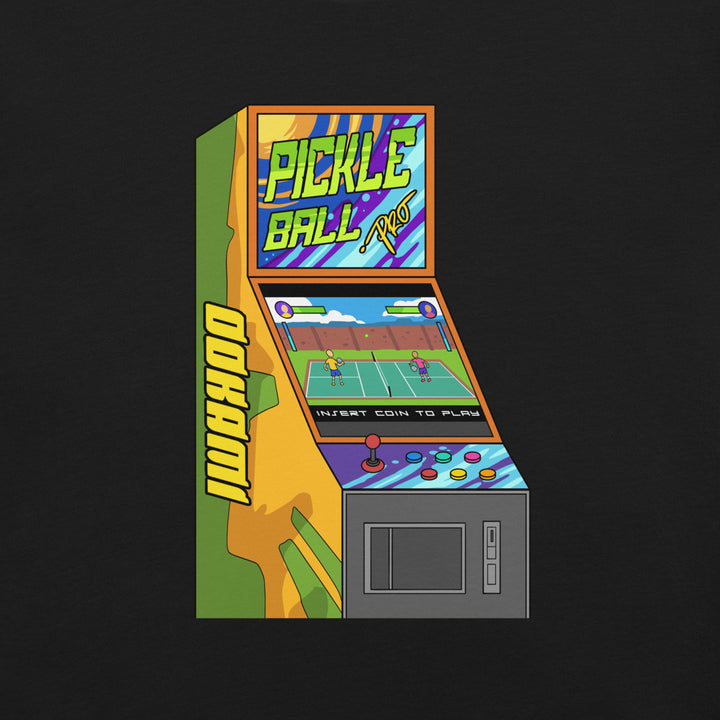 Retro pickleball arcade cabinet graphic with pixel players, joystick controls and Insert Coin to Play text