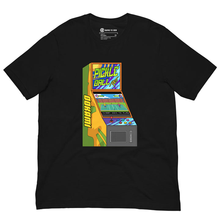 Black Pickleball Pro retro arcade T-shirt featuring a colorful pickleball arcad