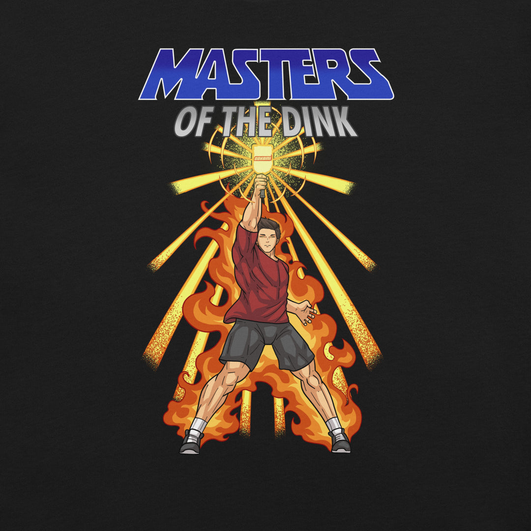 Masters of the Dink retro pickleball graphic T-shirt featuring a heroic player raising a glowing paddle above orange flames