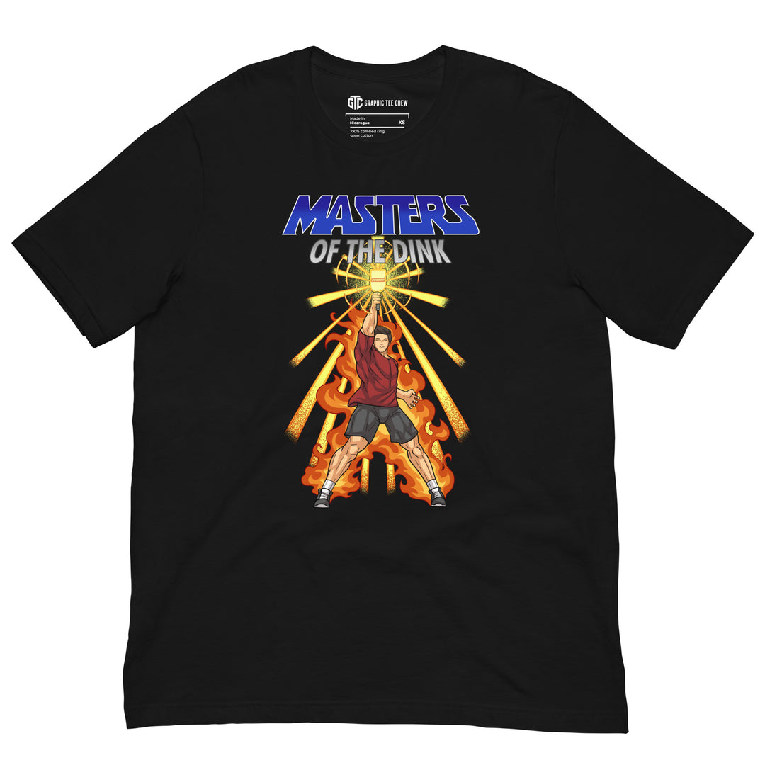 Masters of the Dink retro pickleball graphic T-shirt featuring a heroic player raising a glowing paddle above orange flames