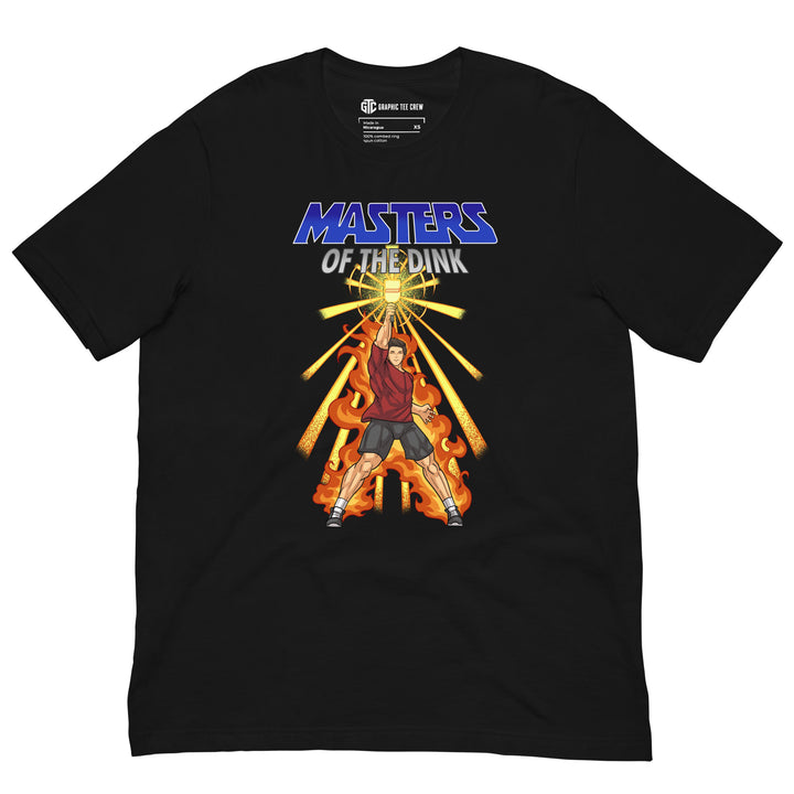 Masters of the Dink retro pickleball graphic T-shirt featuring a heroic player raising a glowing paddle above orange flames