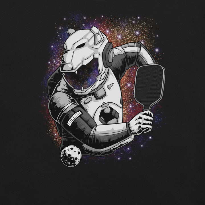 Cosmic Smash sci-fi pickleball graphic T-shirt featuring an armored cosmic creature holding a paddle against a colorful galaxy background