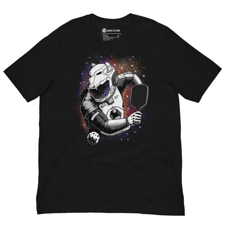 Cosmic Smash sci-fi pickleball graphic T-shirt featuring an armored cosmic creature holding a paddle against a colorful galaxy background