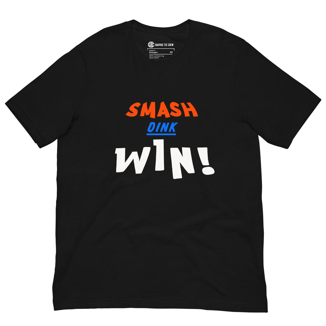 Smash Dink Win pickleball graphic T-shirt featuring bold stacked orange, blue and white sports lettering