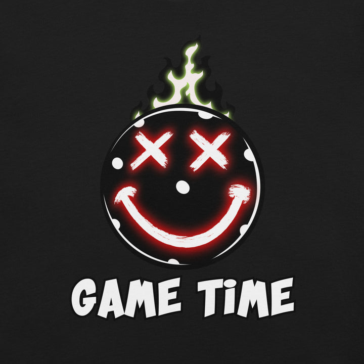 Game Time flaming pickleball graphic T-shirt featuring glowing red X-shaped eyes, a smiling face and green flames