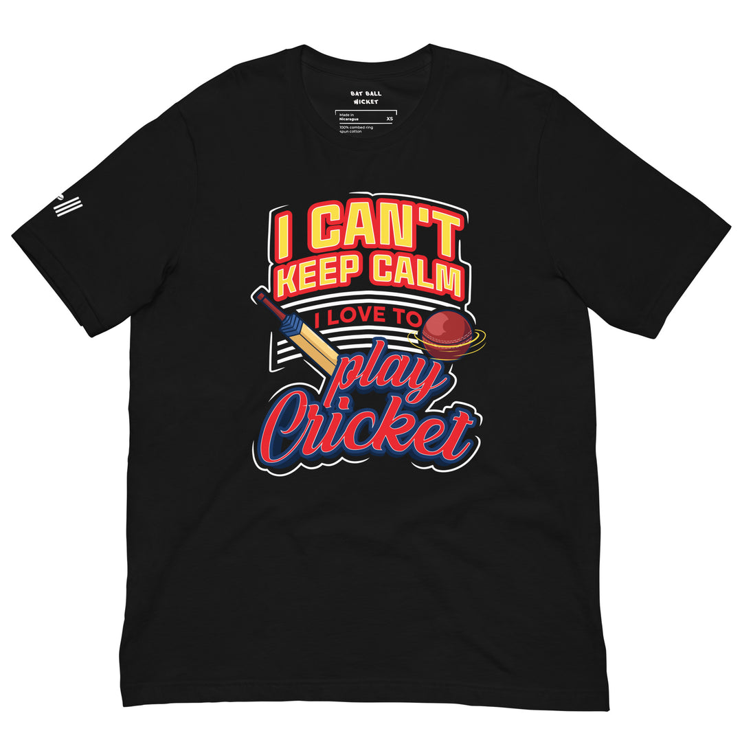 Cricket Fever graphic T-shirt featuring I Can’t Keep Calm lettering with a colorful cricket bat and red cricket ball