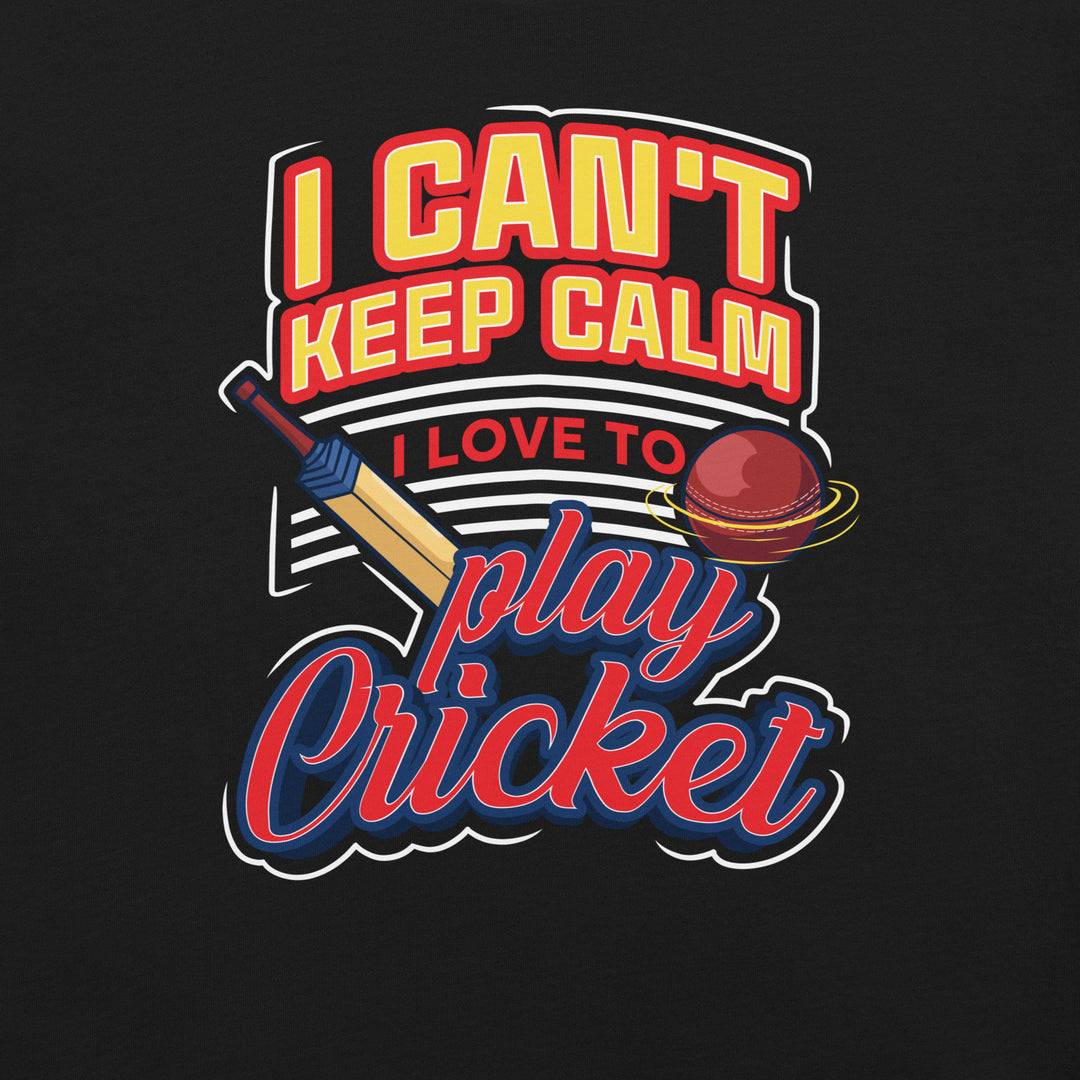 Product Cricket Fever graphic T-shirt featuring I Can’t Keep Calm lettering with a colorful cricket bat and red cricket ball