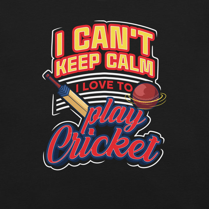Product Cricket Fever graphic T-shirt featuring I Can’t Keep Calm lettering with a colorful cricket bat and red cricket ball