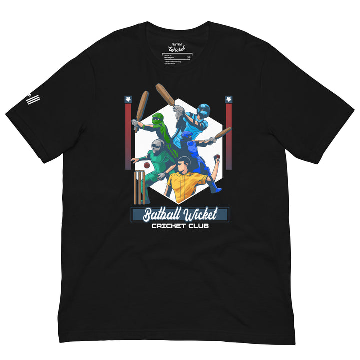 Bat Ball Wicket Cricket Club graphic T-shirt featuring colorful illustrated batters, bowlers and fielders in action
