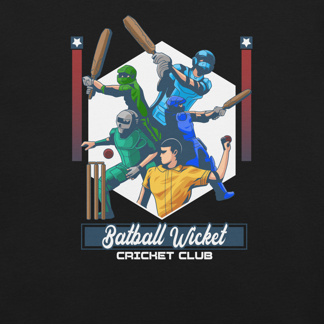 Bat Ball Wicket Cricket Club graphic T-shirt featuring colorful illustrated batters, bowlers and fielders in action
