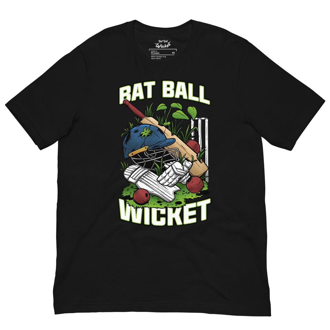 Bat Ball Wicket cricket graphic T-shirt featuring an illustrated helmet, bat, pads, gloves, red balls and wicket stumps