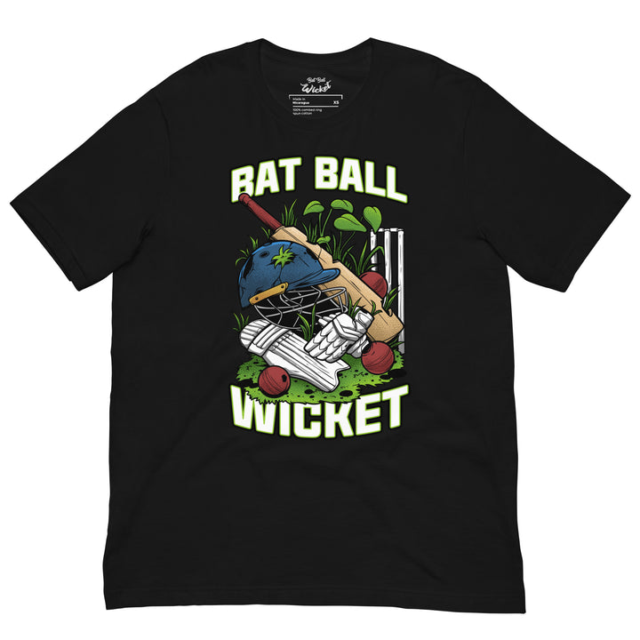 Bat Ball Wicket cricket graphic T-shirt featuring an illustrated helmet, bat, pads, gloves, red balls and wicket stumps