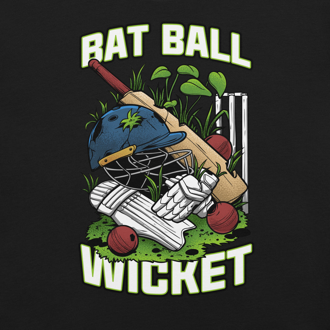 Bat Ball Wicket cricket graphic T-shirt featuring an illustrated helmet, bat, pads, gloves, red balls and wicket stumps
